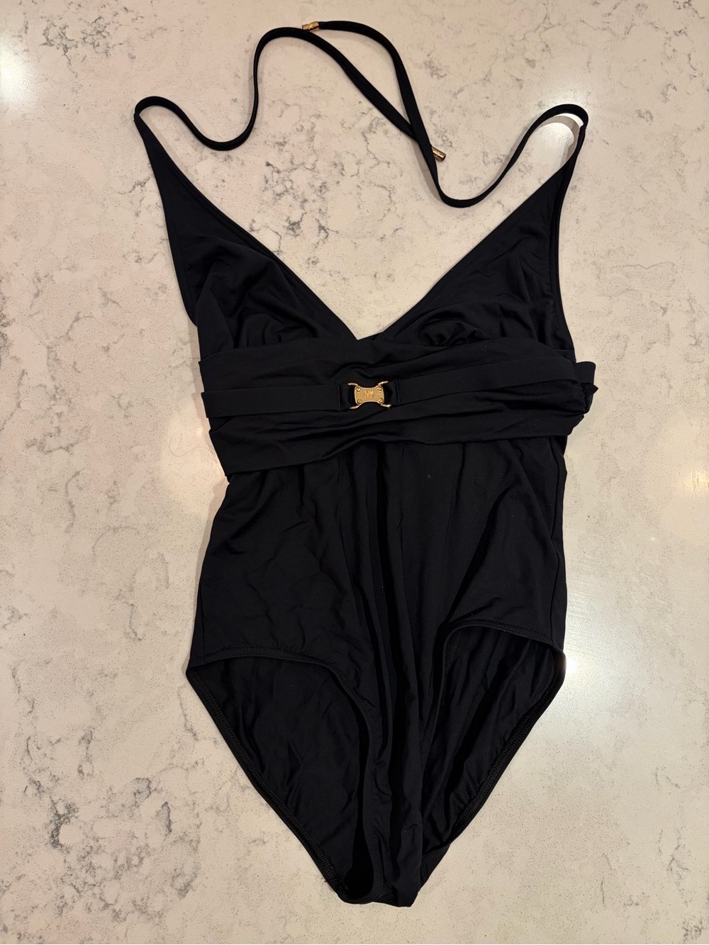 Michael Kors Black One-Piece with Waist Ruching & Gold Logo